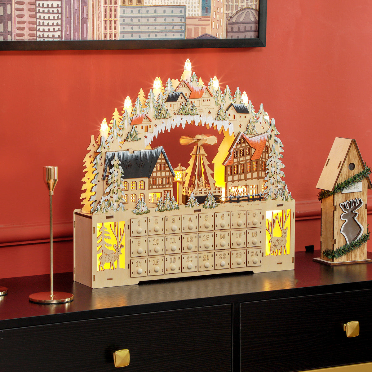 Adventskalender, Weihnachtsdorf, 18 LEDs, 24 Schubladen, wiederverwendbar, 45 x 9 x 42,5 cm