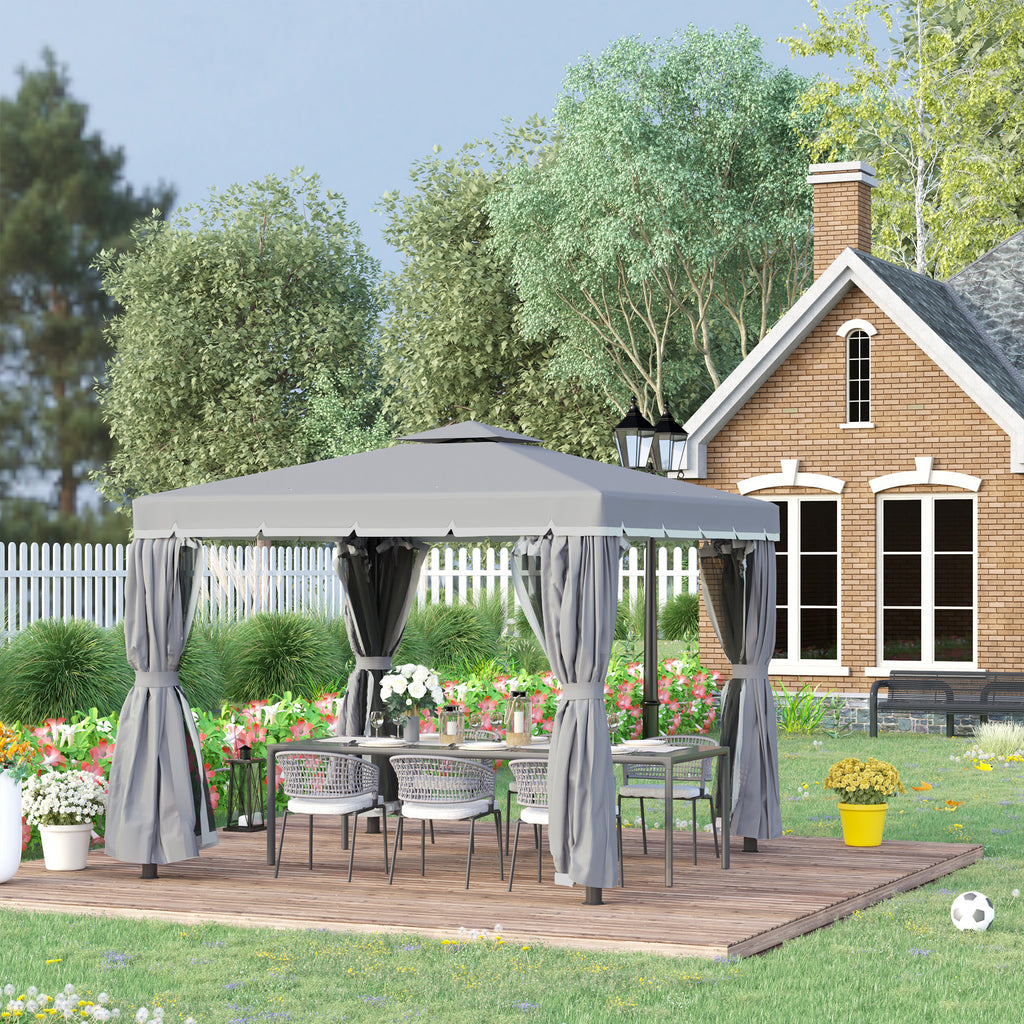 3 x 3(m) Patio Gazebo Canopy Garden Pavilion Tent Shelter Marquee with 2 Tier Water Repellent Roof, Mosquito Netting and Curtains, Aluminium Frame, Dark Grey