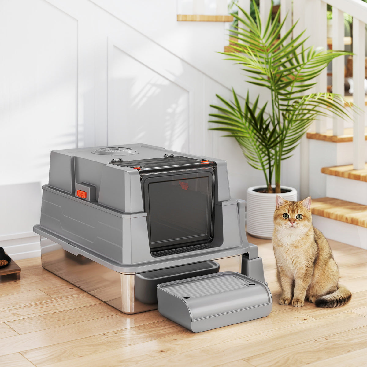 Katzenklo XXL Edelstahl Katzentoilette 130L mit 180° Klappdeckel Hohen Seitenwänden Schaufel Trittstufe 70x50x43cm Grau