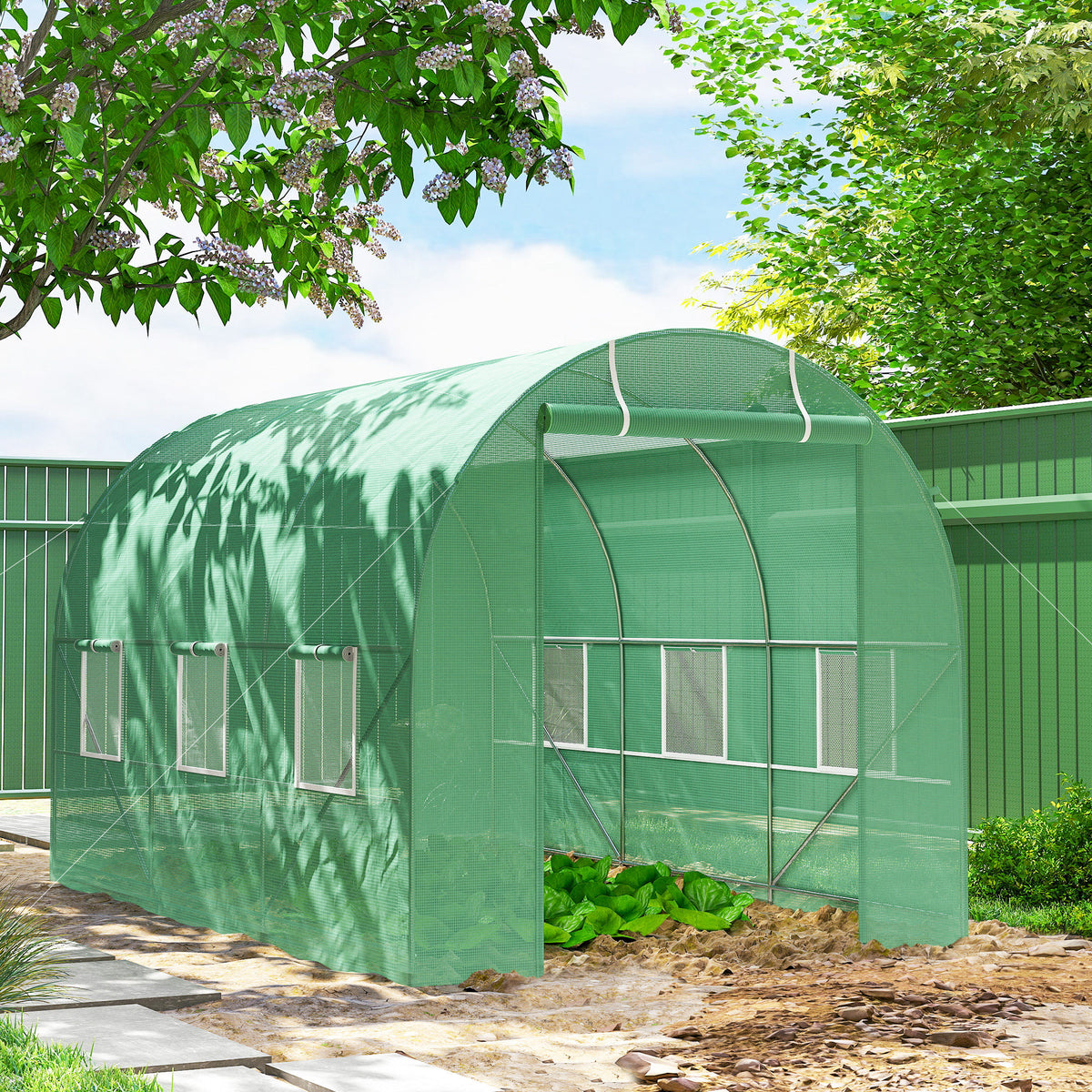 Gewächshaus 350x200x200cm Foliengewächshaus Tomatenhaus mit Tür, 6 Fenster, Folientunnel aus verzinktem Stahl, PE, stabiles Treibhaus Pflanztunnel, inkl. Erdanker & Seilen, Grün