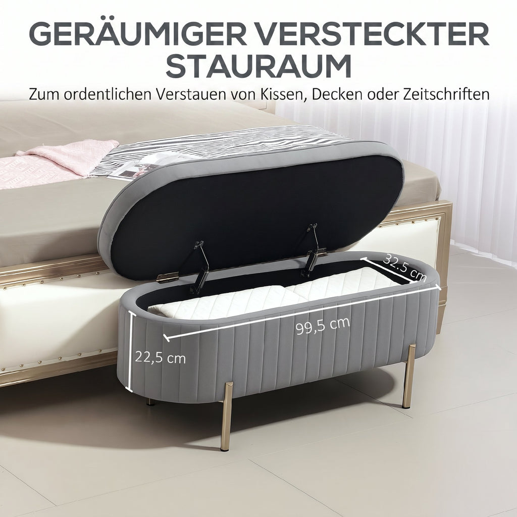 Sitzbank mit Klappdeckel und Stauraum, Stoffbezug, Holz, Metall, Grau+Goldfarben