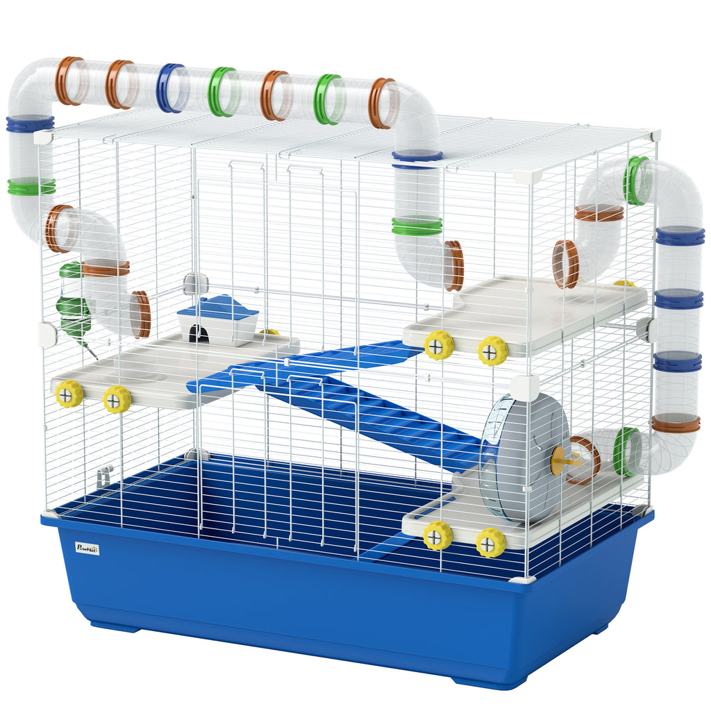 Hamsterkäfig mit 4 Ebenen, Kleintierkäfig mit Tunnelsystem, Hütte, Laufrad, für Zwerghamster, 78 x 45 x 73 cm, Blau