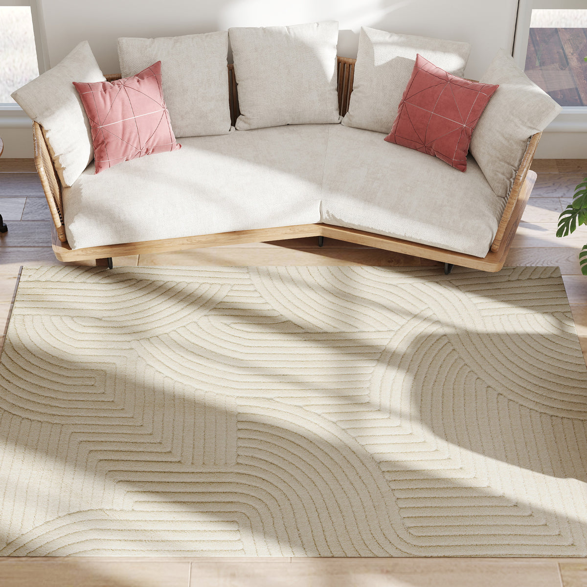 Modern Geometric Rug, Thick & Plush, Non-Slip, 230 x 160 cm – Cream, Living Room/Bedroom/Office
