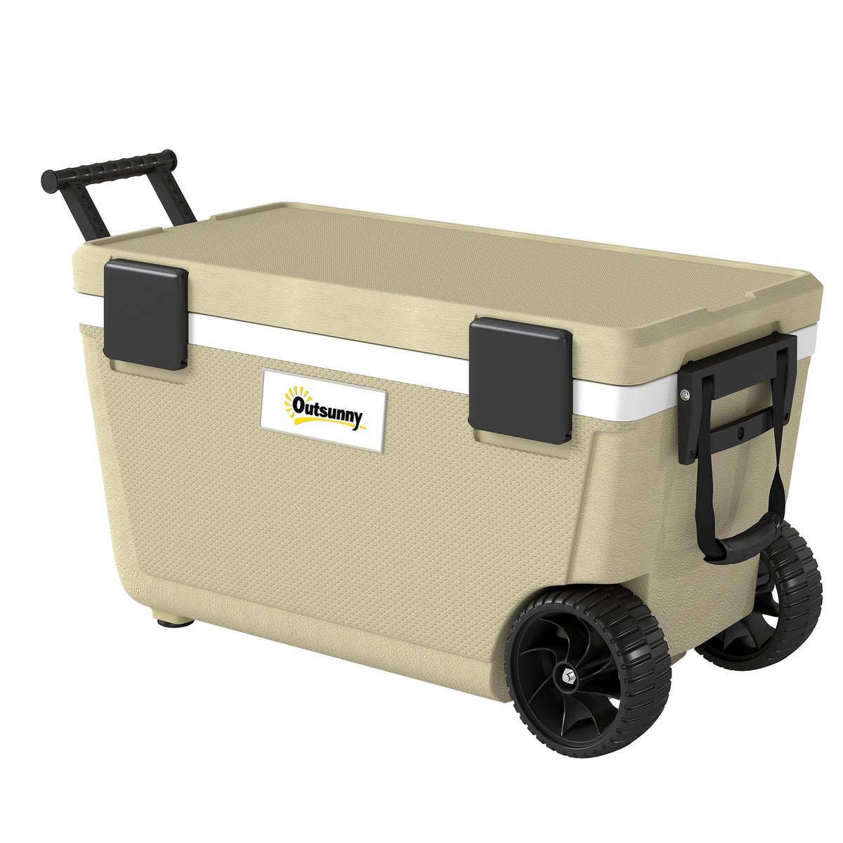 70L Insulated Cool Box with Wheels, Portable Ice Cooler with Handle, Lid and Drain Valve, Khaki
