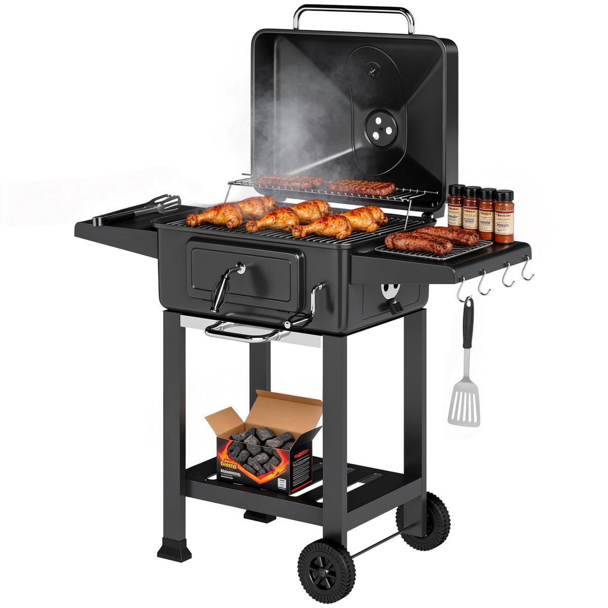 Holzkohlegrill BBQ Smoker mit Deckel Thermometer höhenverstellbar Kohlepfanne Grillrost Seitentisch Aschefach
