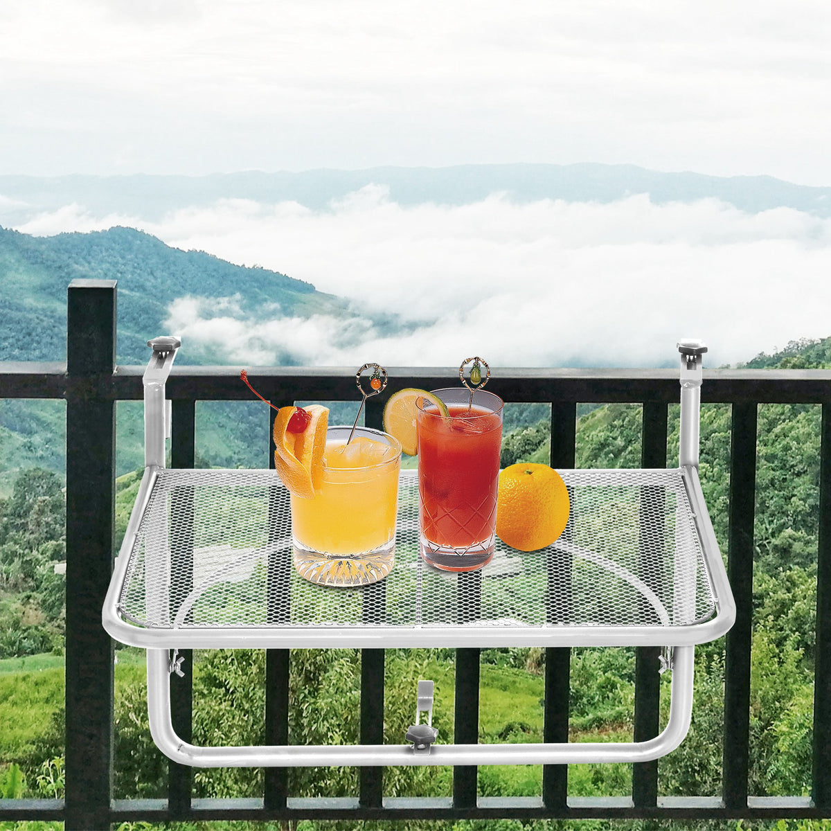 Balkonhängetisch 3-fach höhenverstellbarer Hängetisch aus Metall wetterfest Balkontisch Beistelltisch für Balkongeländer Terrassengeländer Tisch zum Einhängen 60 x 56 cm, Weiß