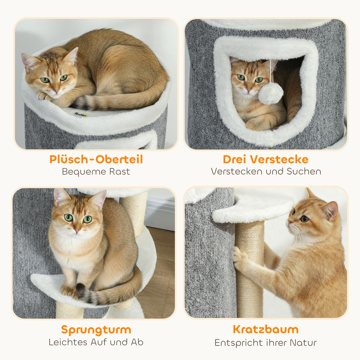 Kratztonne 101 cm hoch für Katze bis 6 kg mit Höhle Spielball Grau