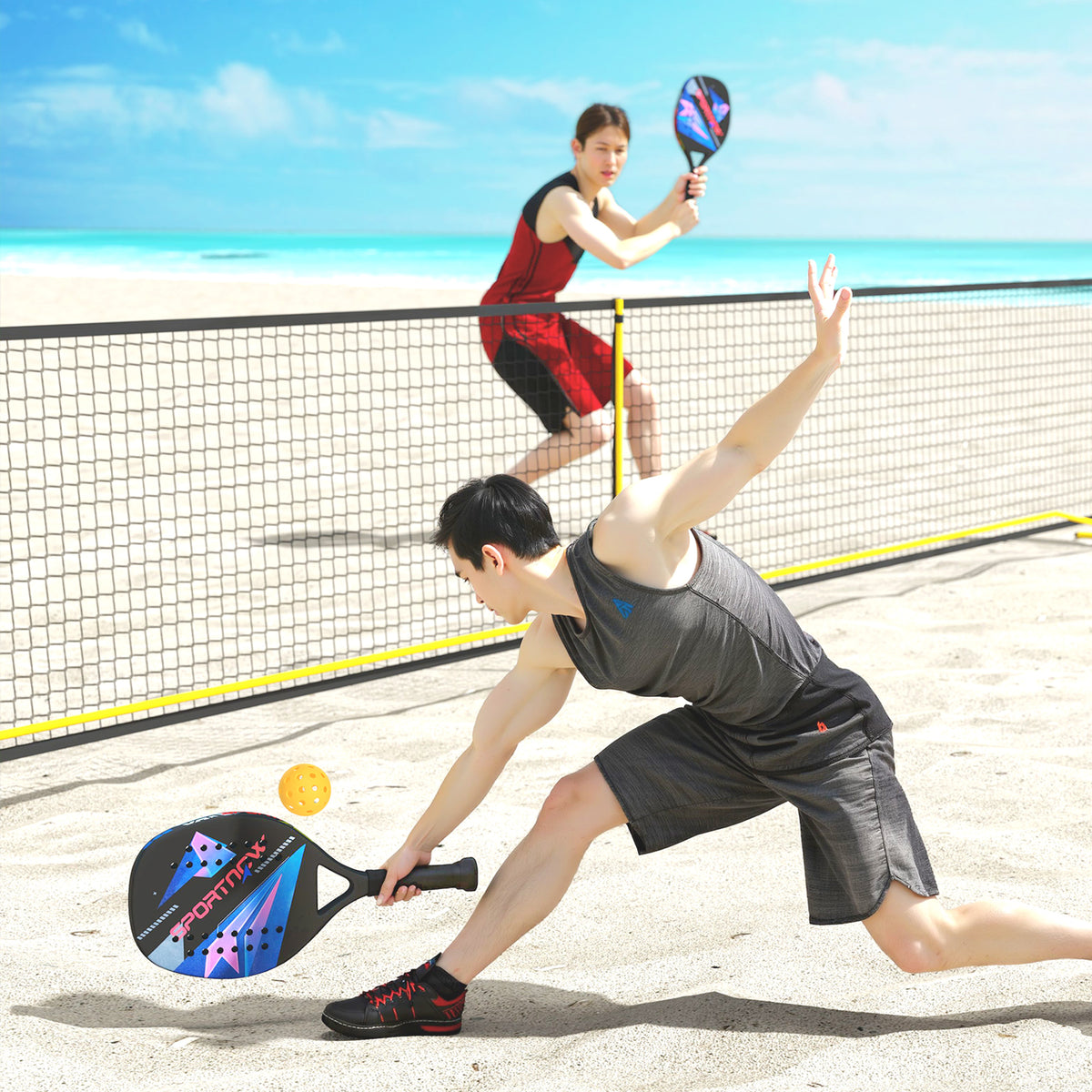  Beach-Tennisschläger-Set, rutschfester Griff, Kohlefaser, Schwarz