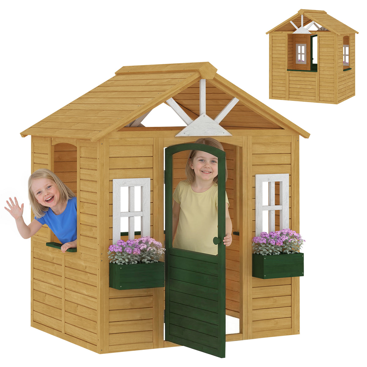 Kinderspielhaus Holz Spielhaus Outdoor mit Tür 3 Fenster 2 Blumenkästen für 3-8 Jahre Kinder 134,5 x 97 x 150 cm Braun