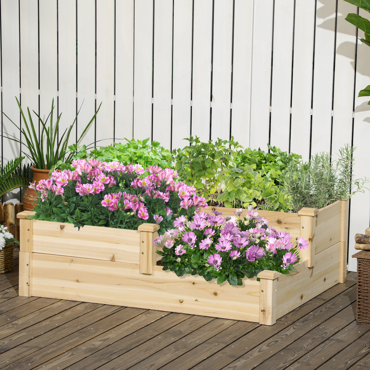 Hochbeet mit 3 Pflanzk?sten, 3-stufiges Design, offenere Boden, 108 cm x 88 cm x 36 cm, Natur