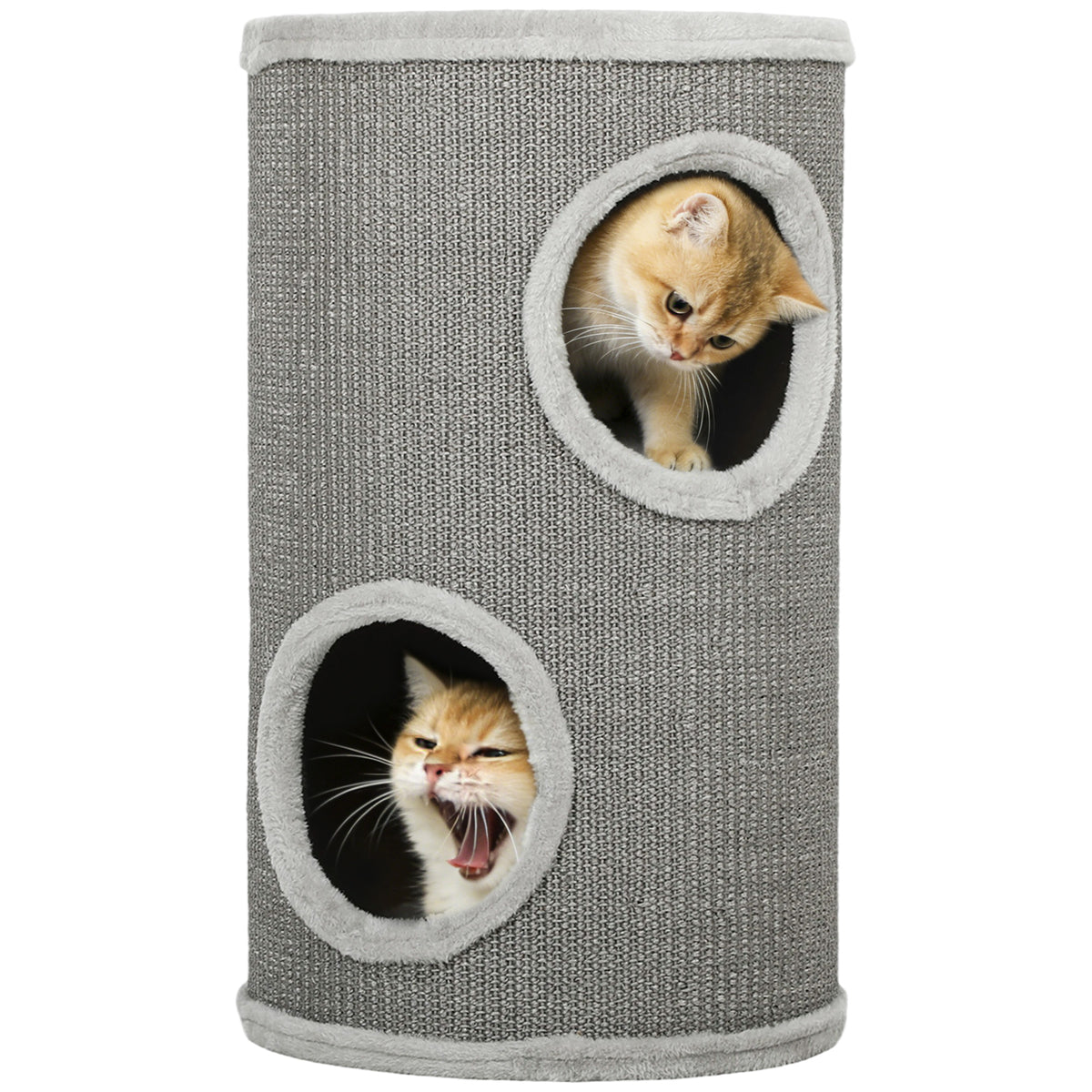 Kratztonne, 60 cm Hoch Ø 35 cm zweistöckige Katzentonne mit 2 Höhle, Plüschrand, für 1-2 Katzen bis 5 kg, Hellgrau