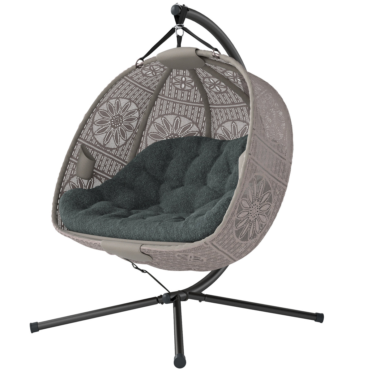 Hängesessel mit Gestell, Eiförmiger Hängeschaukel mit abnehmbarem waschbarem Kissen, Hängematte für 2 Personen, Schaukelsessel Indoor Outdoor, Sand+Schwarz