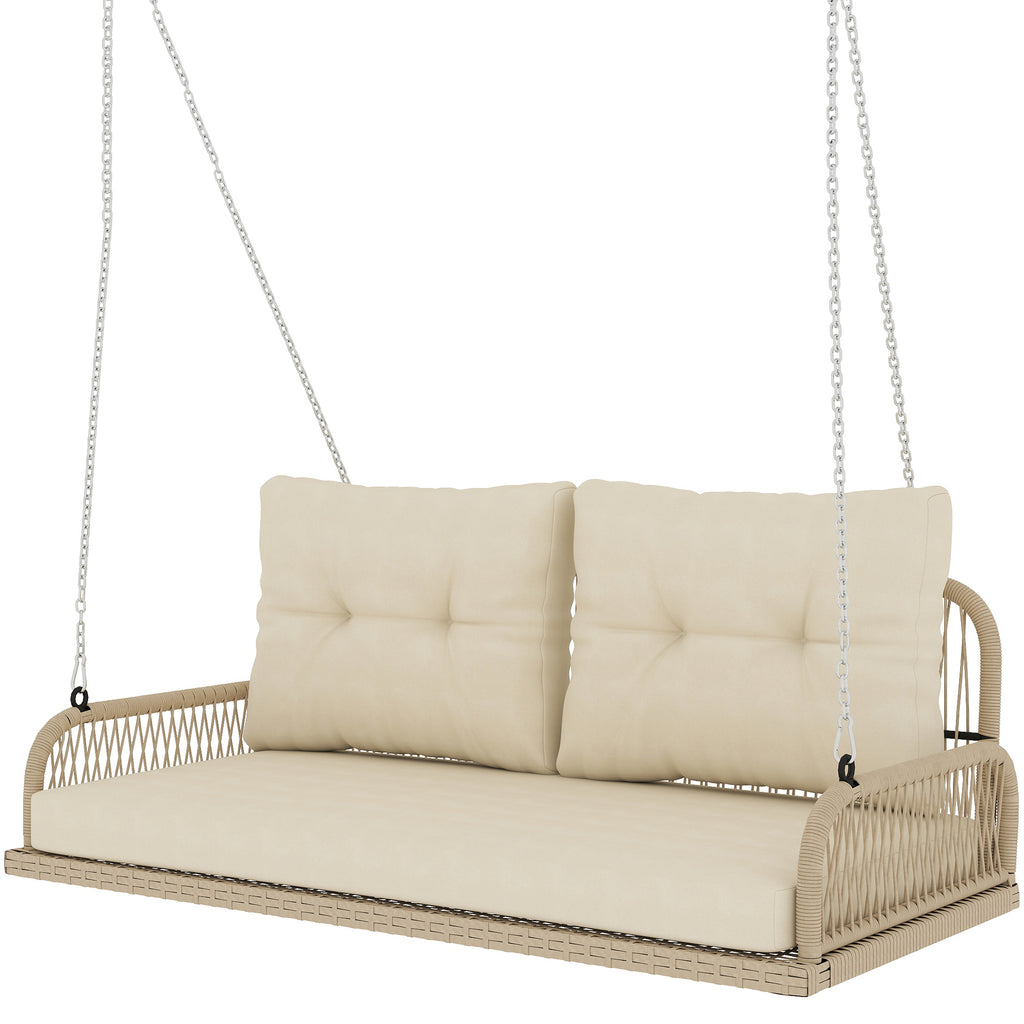 Hollywoodschaukel 2-Sitzer Rattan Gartenschaukel mit Kissen Ketten bis 240 kg 115 x 66 x 44 cm Beige