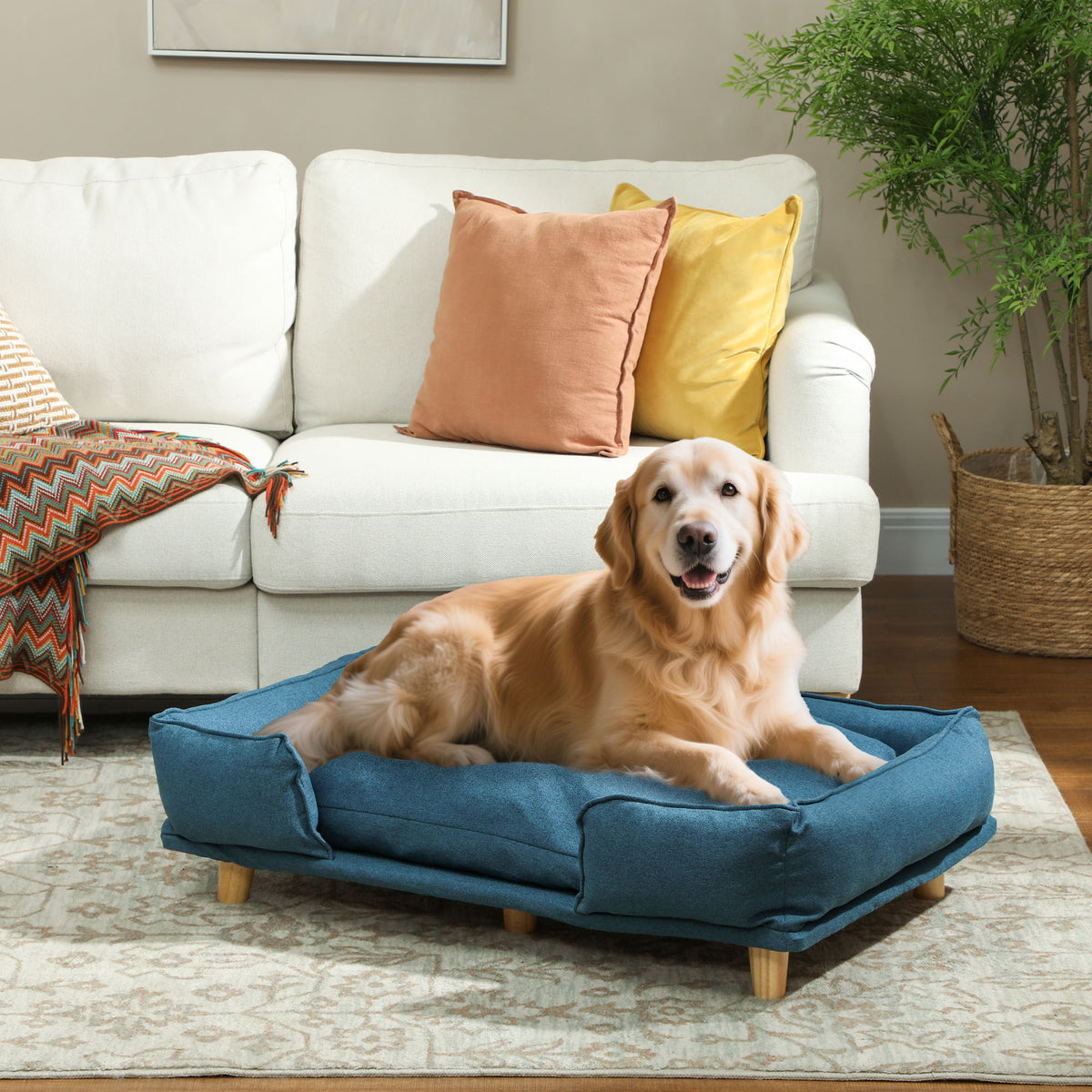 Hundesofa, Haustiersofa, Haustierbett, abnehmbares u. waschbares Polster, Natur+ Dunkelblau