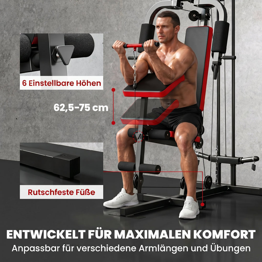 Kraftstation Fitnessstation mit Latzug, Butterflystange, verstellbar Preacher Bank, Beintrainer, bis 120kg Schwarz+Rot