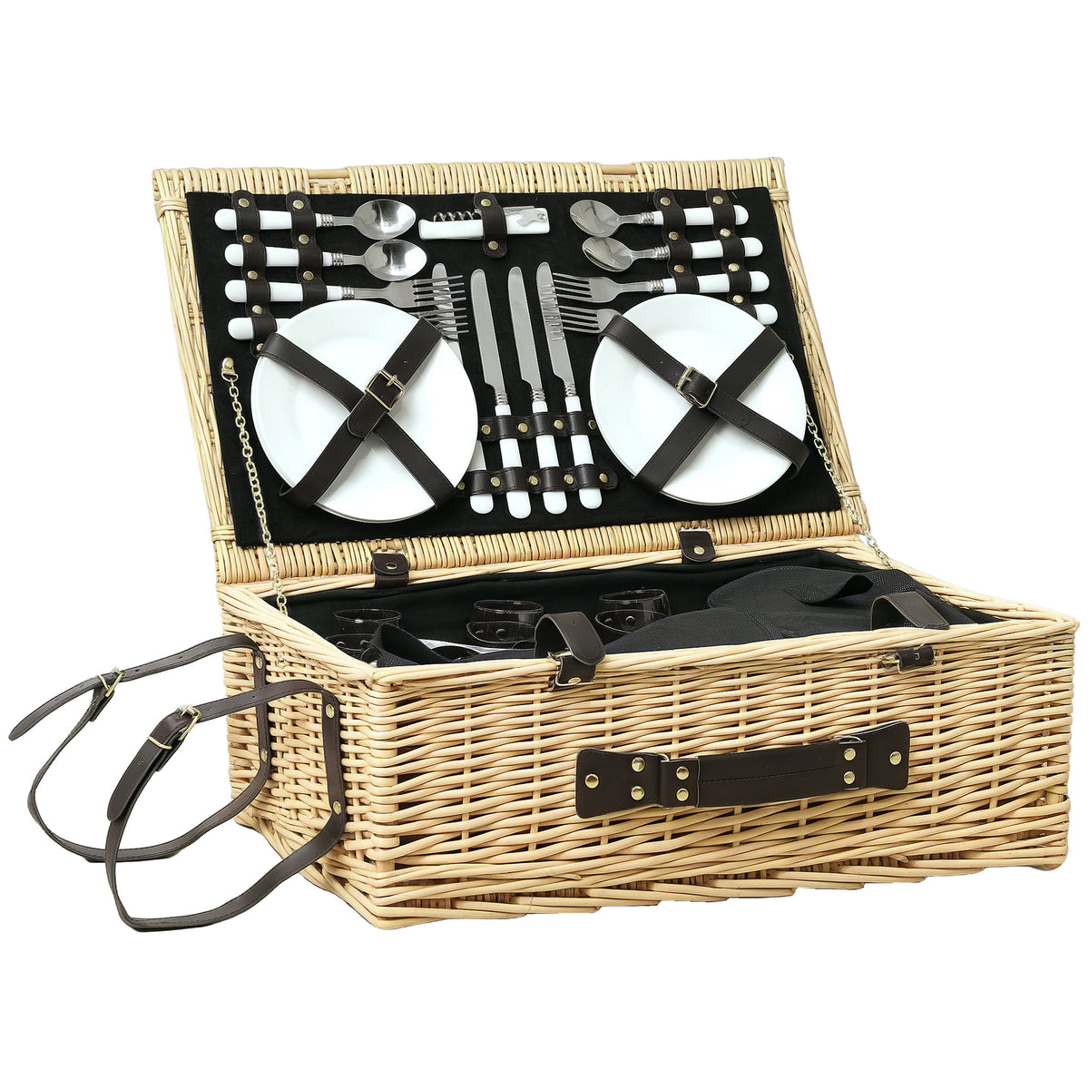 Picknickkorb aus Weidenholz Picknickkoffer für 4 Personen mit Isoliert Kühlfach Besteck Set Naturholz