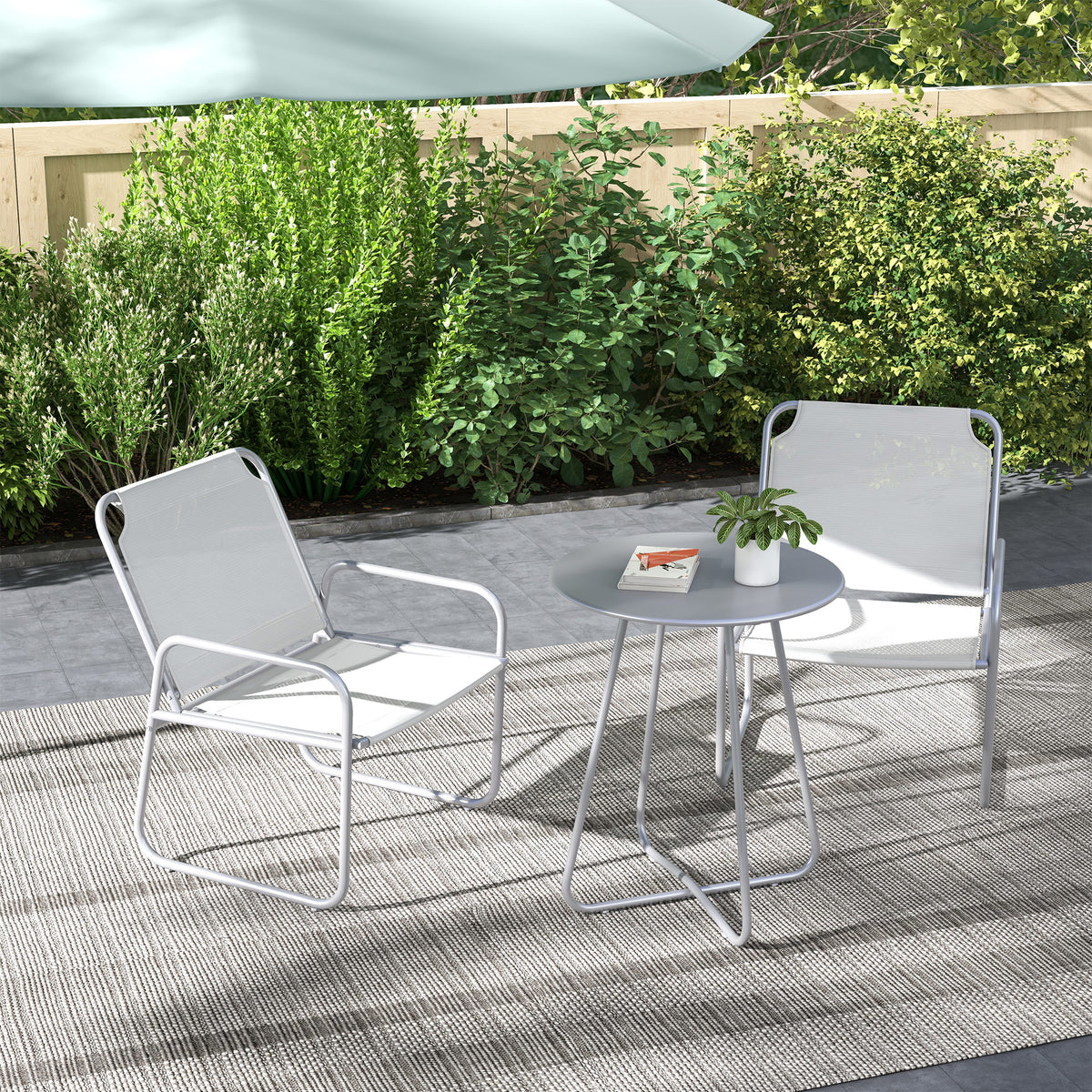 3-teiliges Gartenmöbelset, 2 Stühle mit atmungsaktivem Stoffbezug, 1 runder Tisch Ø60 cm, Hellgrau