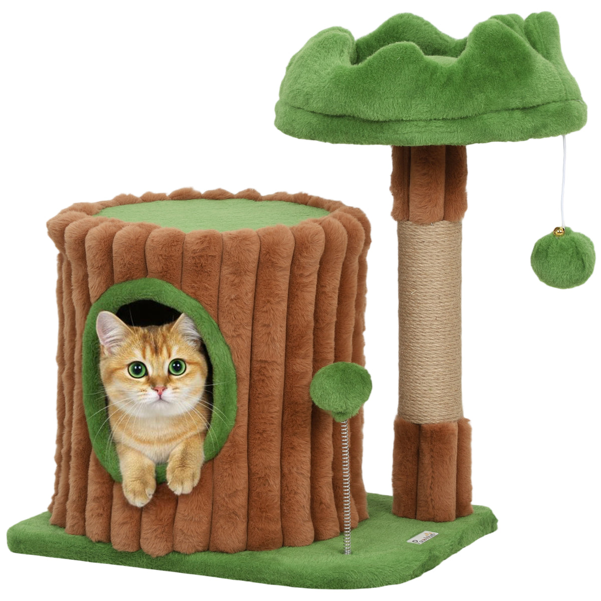 Kratzbaum 53 cm hoch Katzenbaum mit Höhle, Baumstamm-Design, Jutestämme, 2 Bälle für 1-2 Katzen unter 5 kg, Braun+Grün