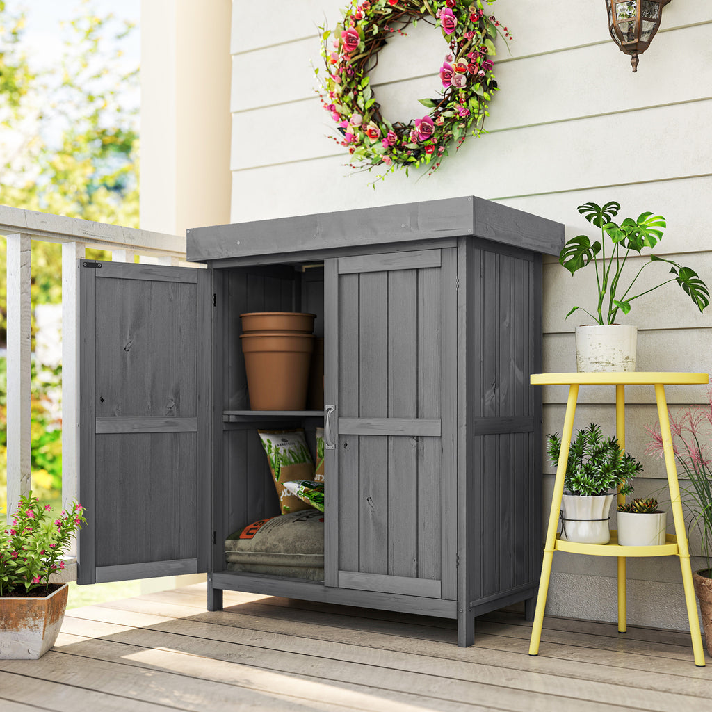 Small Shed, Wooden Garden Shed with Openable Hinged Roof and Removable Shelf, Outdoor Tool Storage Cabinet Chest with Double Doors, 74 x 43 x 88 cm, Grey