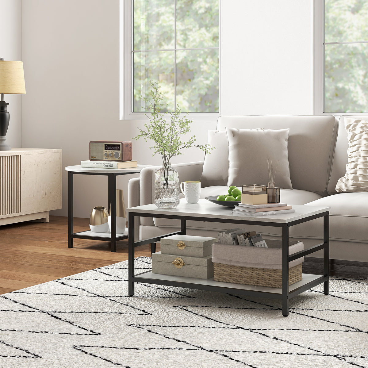 Couchtisch-Set, 2 Beistelltische, Marmoroptik, verstellbare F¨¹?e, Stahl, Schwarz/Wei?