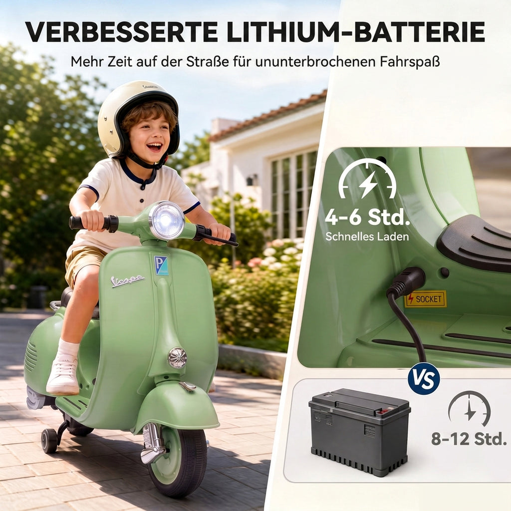 Elektro Motorrad Kinder VESPA 6V Elektromotorrad Lithium-Akku Grün