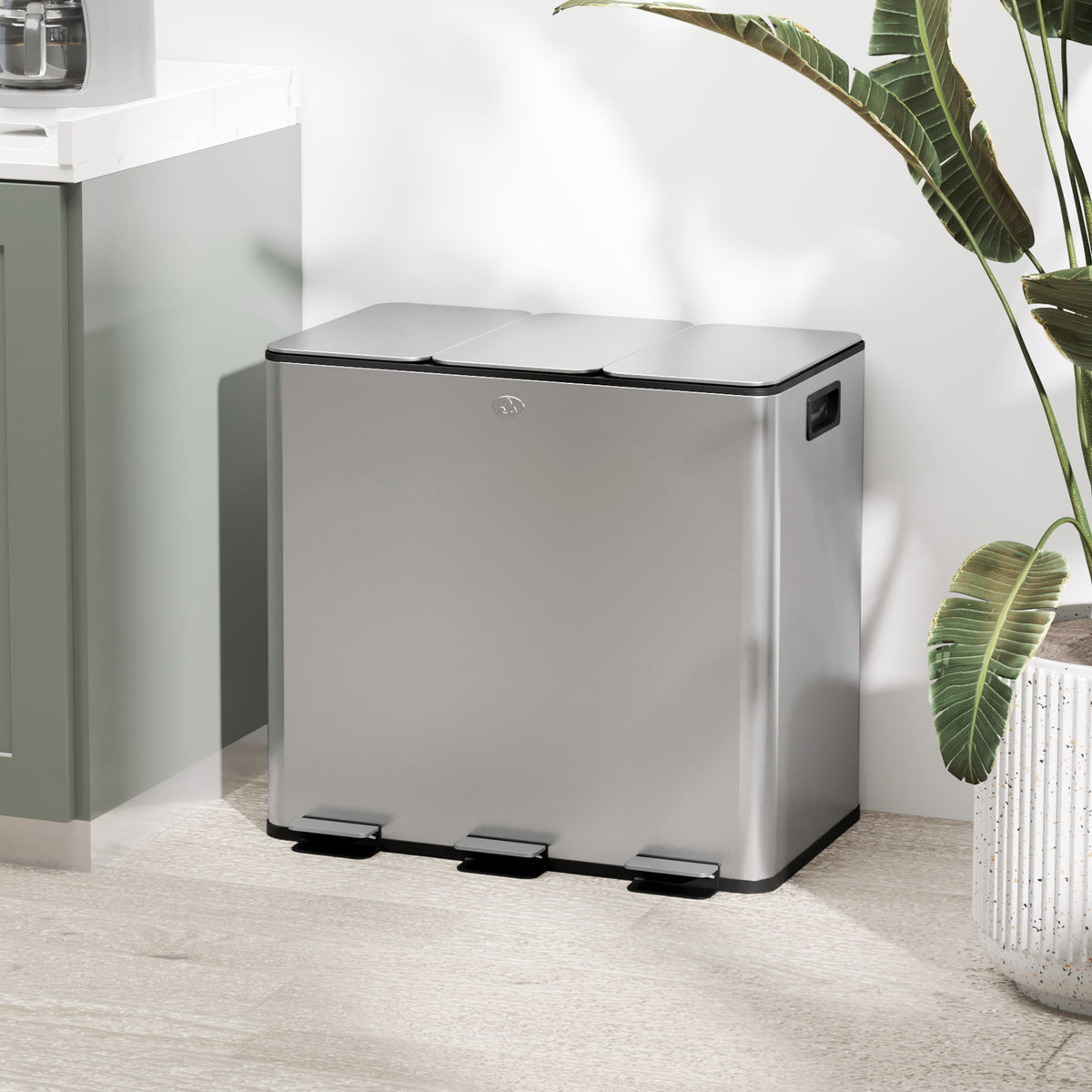 3 x 15L Pedal Bin, Steel Triple Kitchen Bin with Soft Close Lid, Removable Inner Buckets, Fingerprint-Proof, Silver Tone