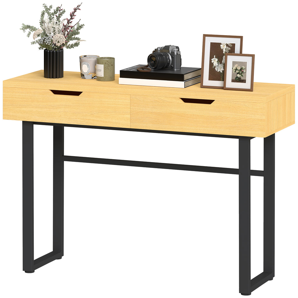Konsolentisch Schmaler Flurtisch mit 2 Schubladen, Metallrahmen, für Flur 110 x 35 x 76,5 cm Natur