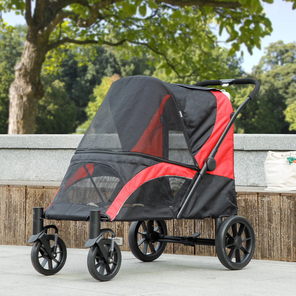 Foldable Pet Stroller for Medium Dogs with Four Big Wheels, Shock-Absorbing Frame, Safety Leashes, Brakes, Red/Black