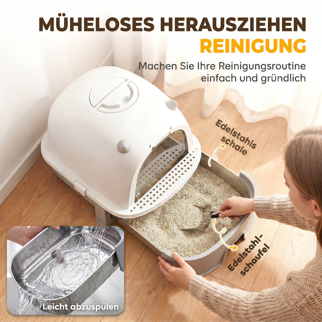 Katzentoilette Edelstahl mit abnehmbarem Deckel, Schaufel & Aktivkohlefilter für kleine bis mittelgroße Katzen, Grau