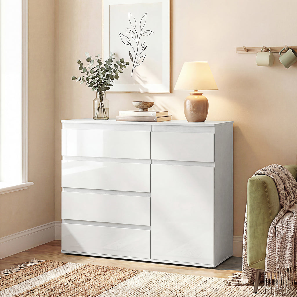 Modernes Sideboard, Stauraum-Sideboard mit 5 Schubladen, verstellbarem Regal, Soft-Close-Tür, Weiß Hochglanz
