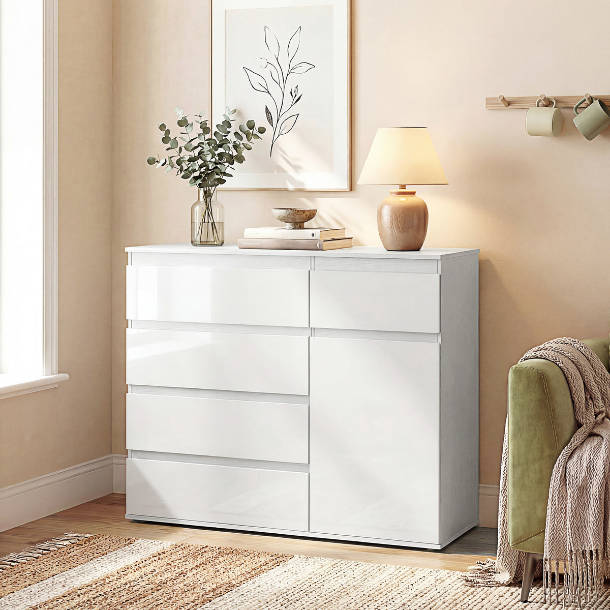 Modernes Sideboard, Stauraum-Sideboard mit 5 Schubladen, verstellbarem Regal, Soft-Close-Tür, Weiß Hochglanz