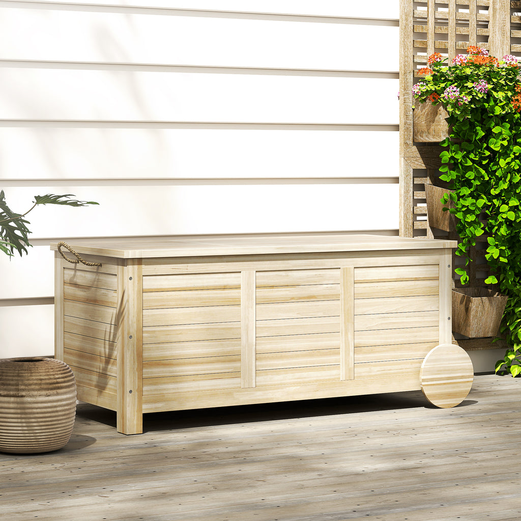 185 L Au?enlagerbox, Lagerkiste mit R?dern, wetterbest?ndig, Tannenholz, 110 x 50 x 50 cm, Hellbraun