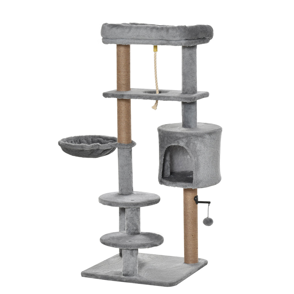 Kratzbaum, Katzenbaum, 1 Katzenhöhle, Katzenbett, 1 Hängematte, inkl. Spielzeug, Hellgrau