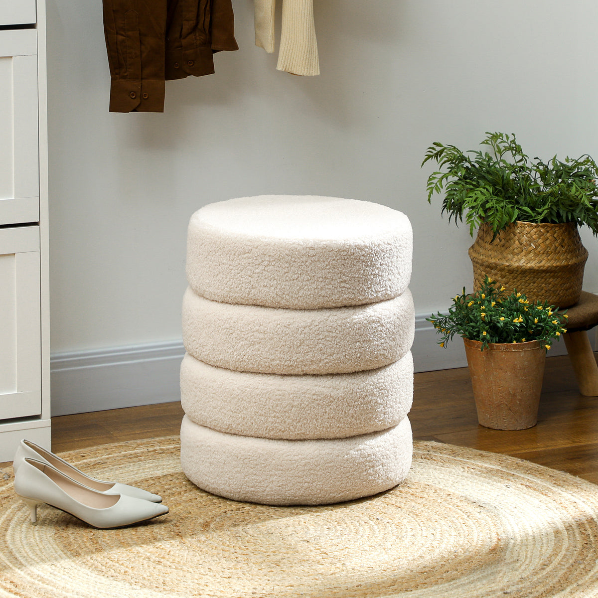 Hocker, rund, Teddyfleece, bis 120kg, ¦µ40x45H cm, Beige