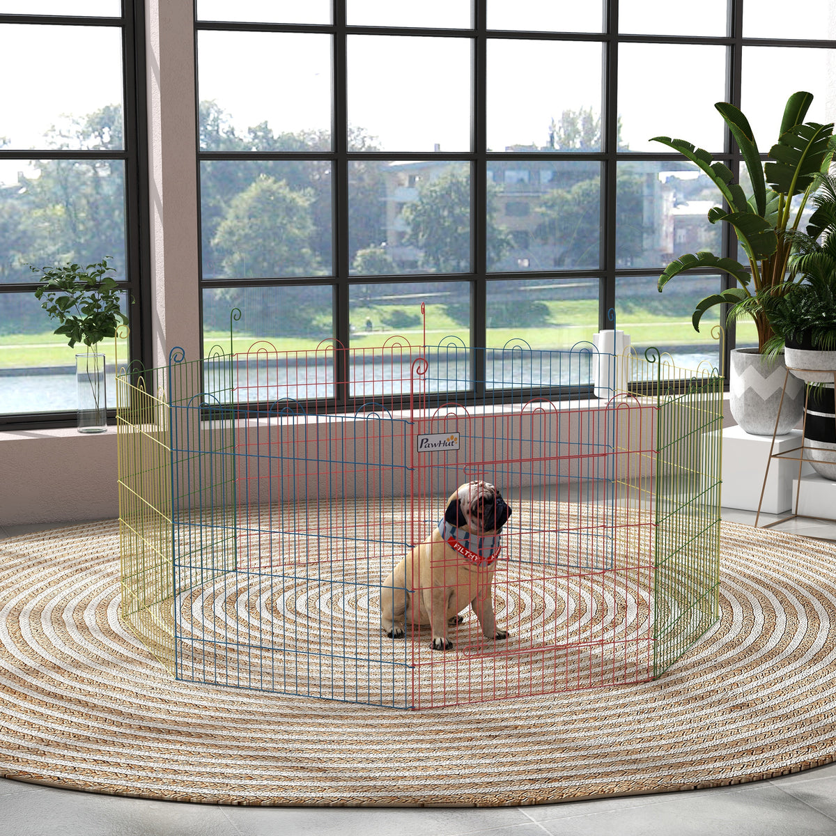 Pet Playpen Crate, with Eight Panels, Door, for Indoors and Outdoors, 60H x Φ156cm