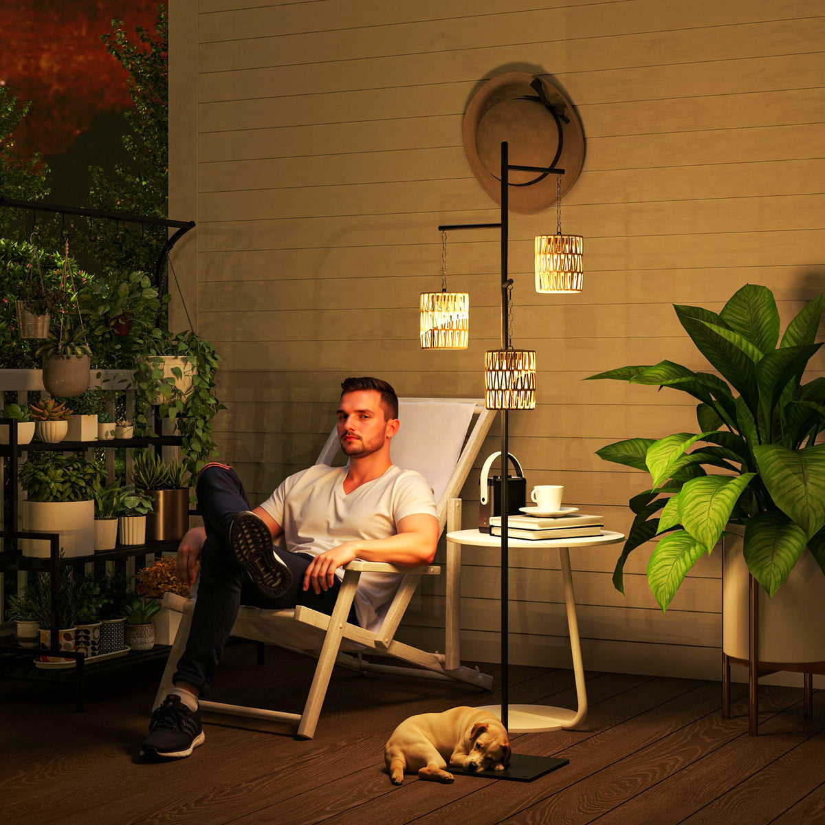 Solar Stehlampe Rattan Solarlampen mit Lichtsensor 3 Lichten Automatisch im Boho-Stil IP44 Spritzwassergeschützt