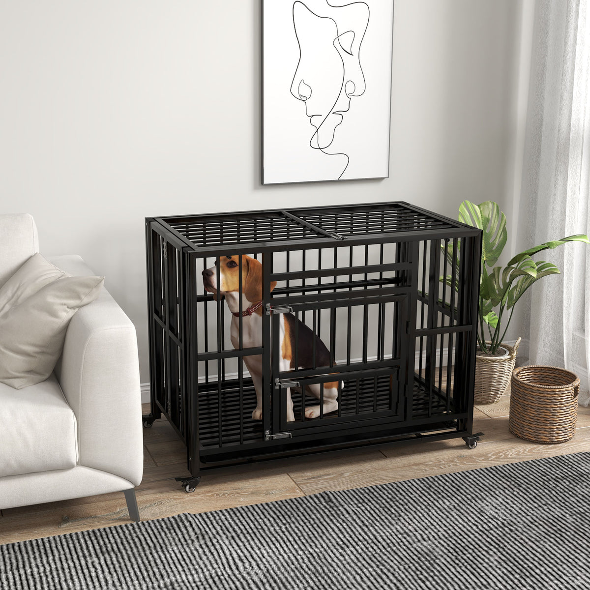  37" Heavy Duty Dog Crate, Foldable Dog Cage, with Openable Top, Locks, Removable Tray, Wheels - Black