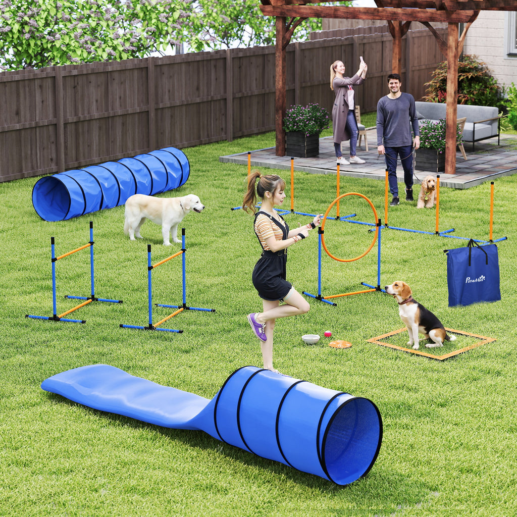 Agility Set Hunde 11-teilig Agility-Ausrüstung für Hunde mit 2 Tunnel Höhenverstellbar Sprungring & Hürden Slalomstange