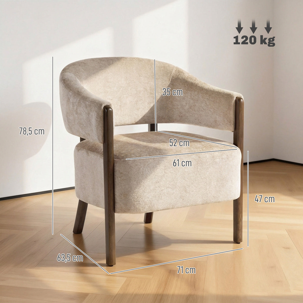 Akzentstuhl, Chenille-Polstersessel mit Massivholzrahmen und Beinen, Beige