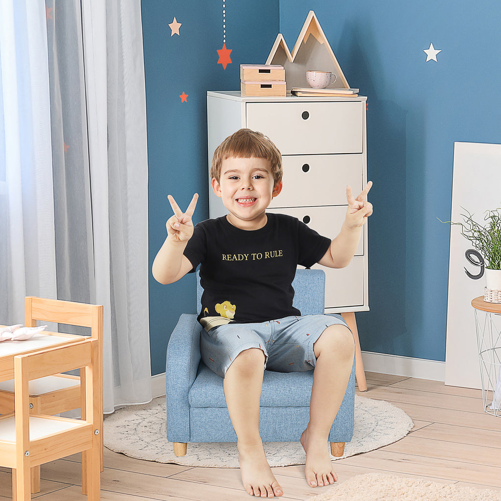 Children's Armchairs Toddler Chair Wood Frame Anti-Slip Legs High Back Bedroom Playroom Furniture Blue