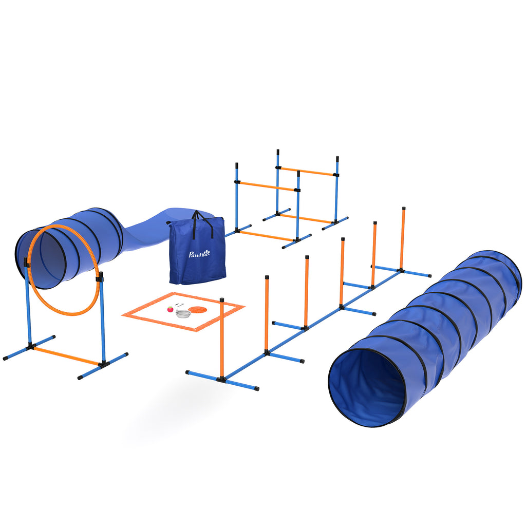 Agility Set Hunde 11-teilig Agility-Ausrüstung für Hunde mit 2 Tunnel Höhenverstellbar Sprungring & Hürden Slalomstange