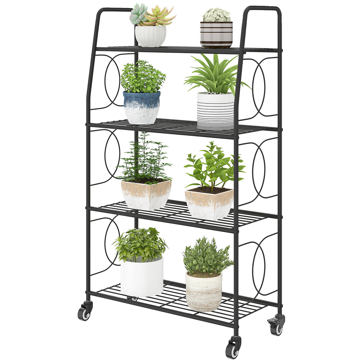 4-Tier Metal Plant Stand, Heavy Duty Ladder Shelf Potted Plants Display Rack with Lockable Wheels