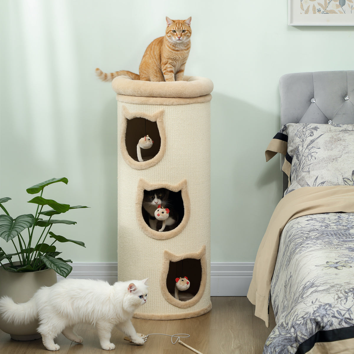 Katzenkratzfass, 96 cm, 4-Ebenen-Katzenturm mit waschbarem Bett, 3 Schlafhöhlen, Hängespielzeug, für mehrere Katzen Grau