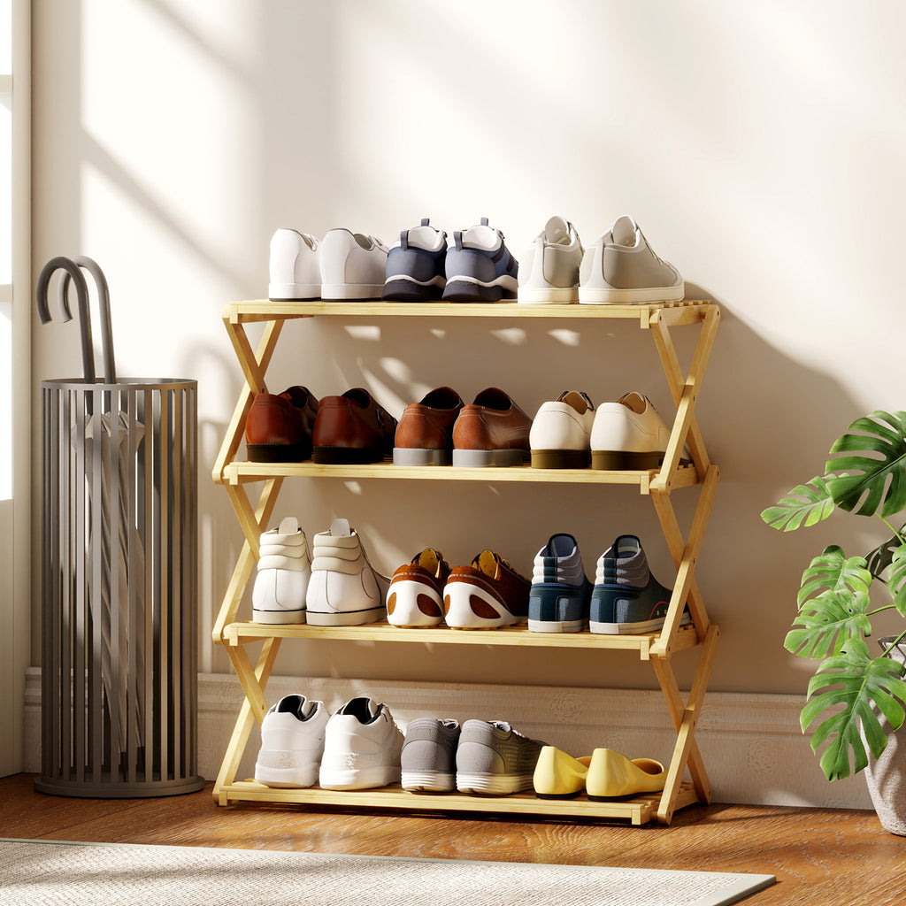 Four-Tier Folding Bamboo Shoe Rack - Natural Finish
