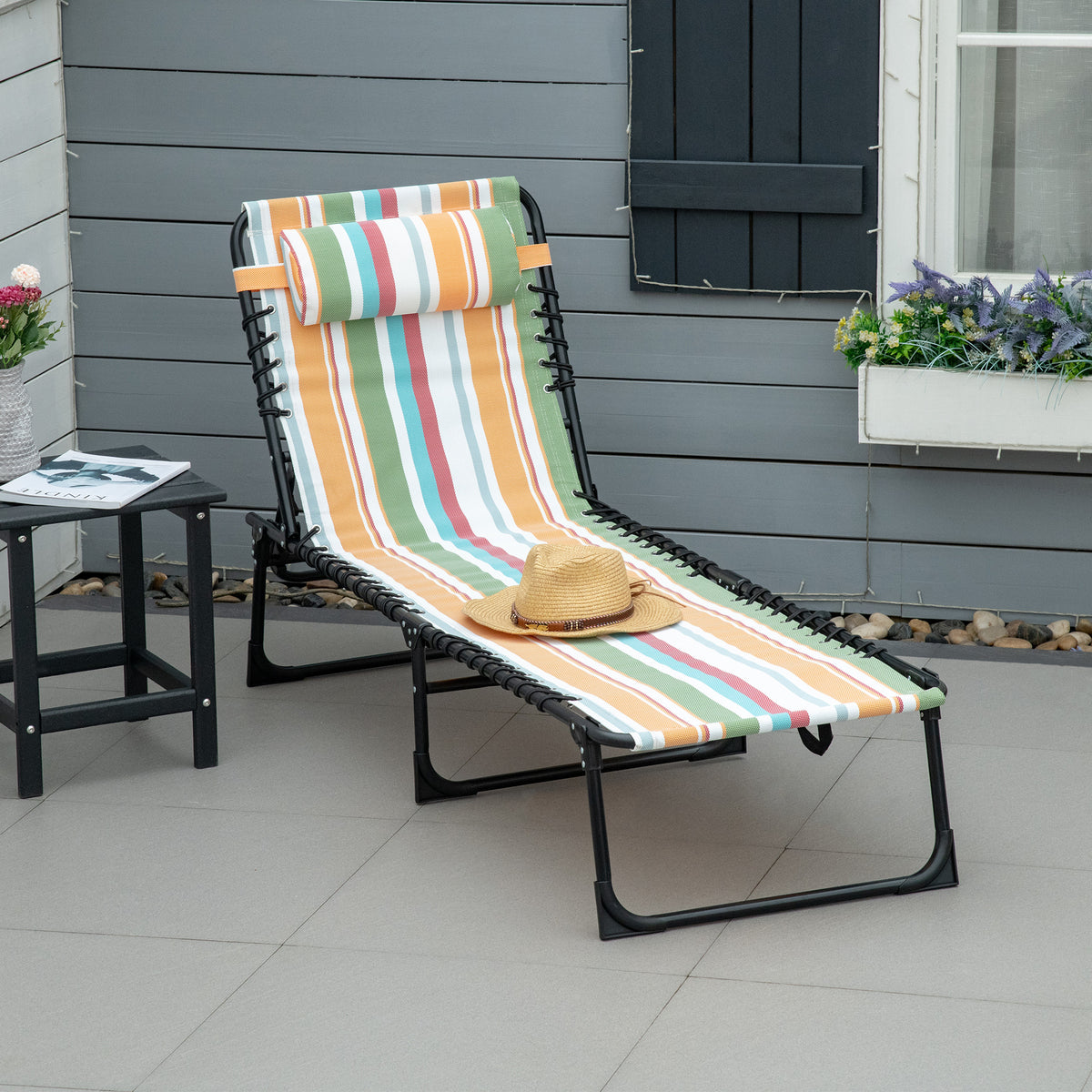 Folding Sun Lounger Beach Chaise Chair Garden Reclining Cot Camping Recliner with 4 Position Adjustable Multicolored