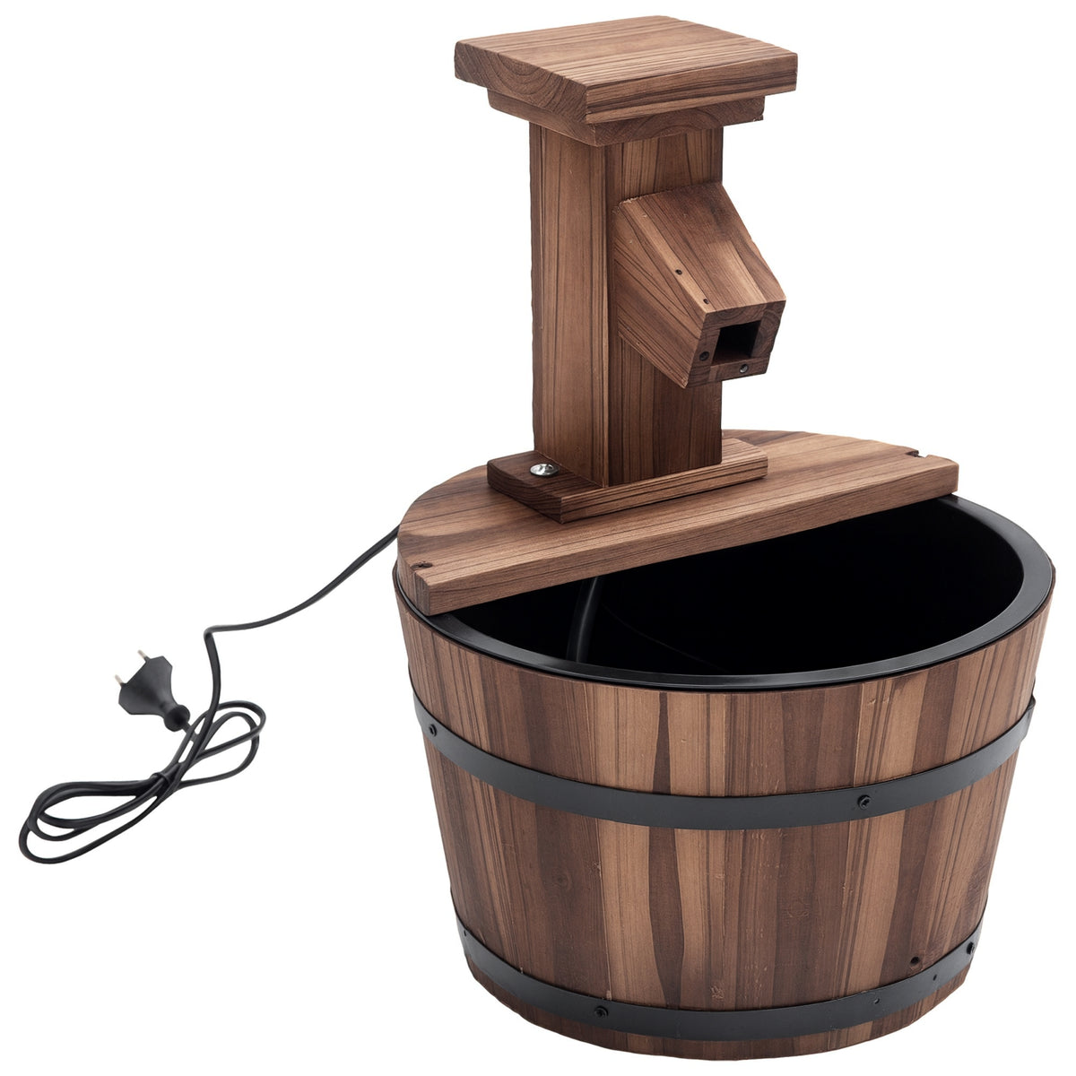 Springbrunnen elektrisch Outdoor Gartenbrunnen mit Holzeimer Hahn Pumpe Dekorationsbecken Zimmerbrunnen Wasserspiel Zierbrunnen Wasserfall für Garten Rasen Ø27 x 37 cm Verkohlt
