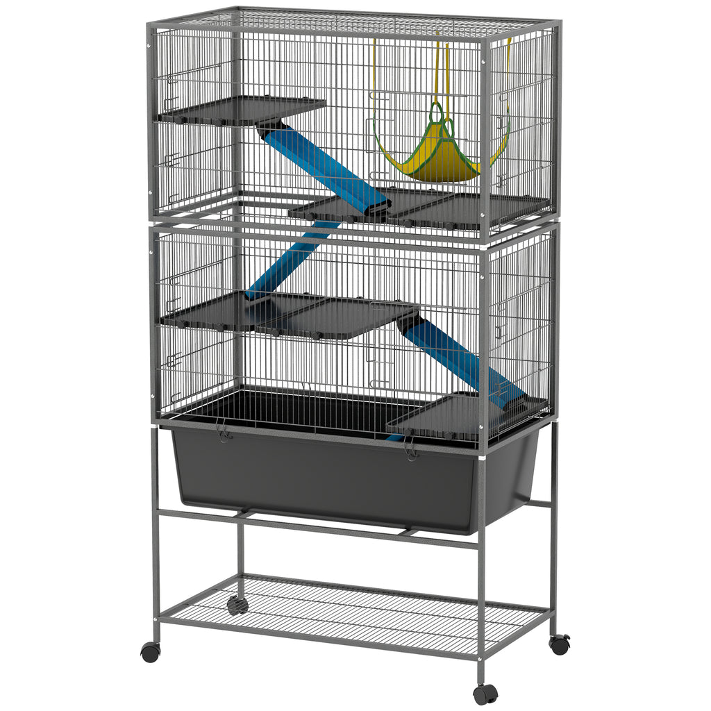 5 Levels Rolling Small Animal Cage with Non Slip Ramps, Slide Out 16cm Deep Tray, 88 x 48 x 150.5cm, Dark Grey