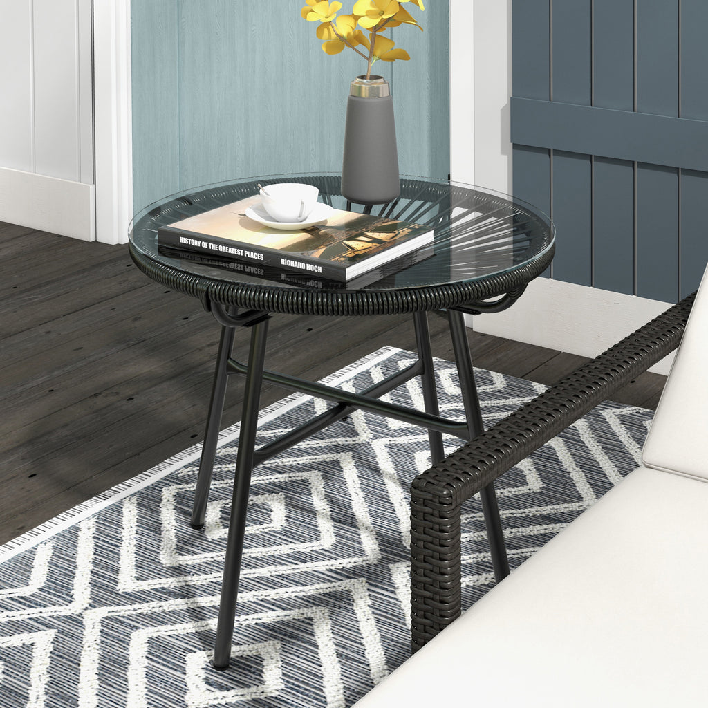 Gartentisch Boho-Stil Outdoor Beistelltisch, PE-Rattan, geh?rtetes Glas, wetterbest?ndig, 50?cm x 50?cm x 50?cm, Schwarz