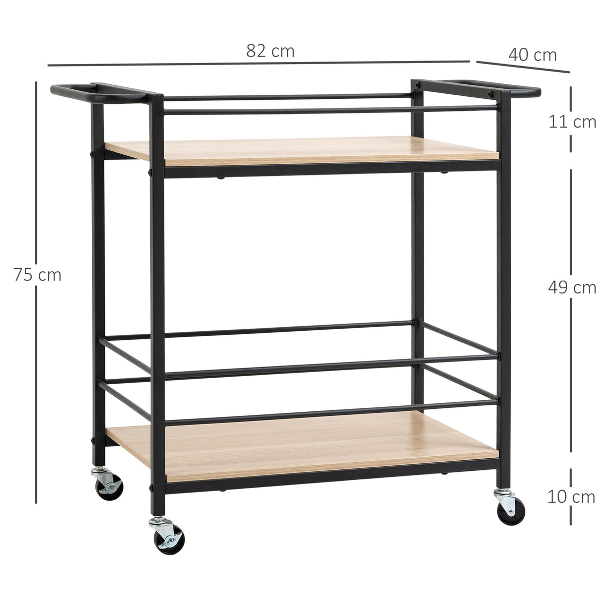 K¨¹chenwagen Servierwagen mit 2 Ablagen, Reling, Stahl, Schwarz+Holz 82 x 40 x 75cm