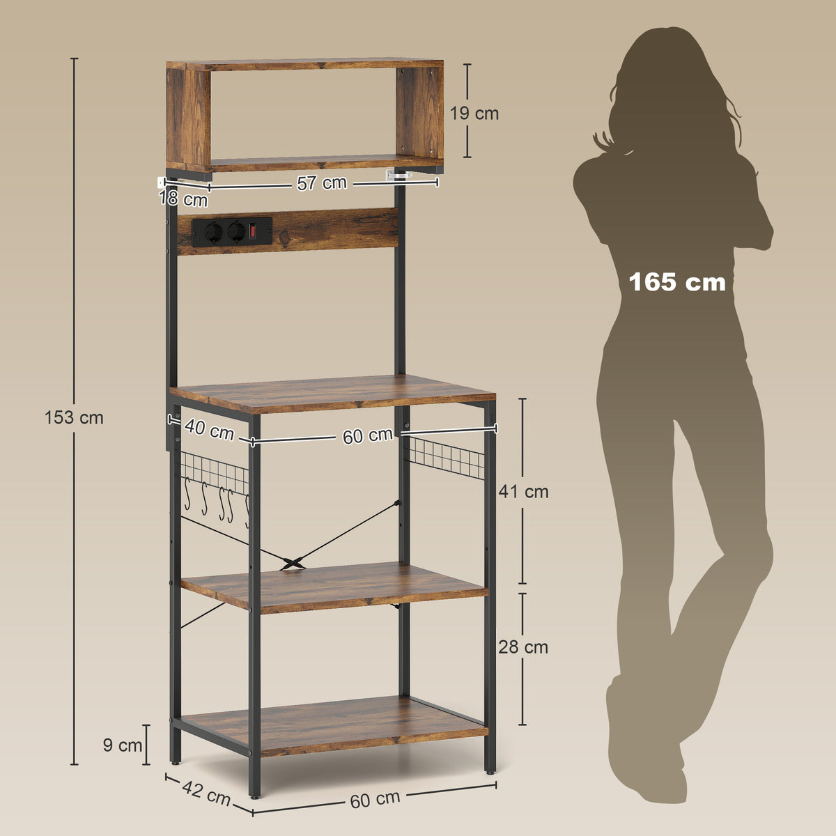 K¨¹chenregal, Standregal mit 5 S-Haken, 5 Ablagen, Steckdose, aus Stahl, Rustikal-Braun, 60 x 42 x 153 cm